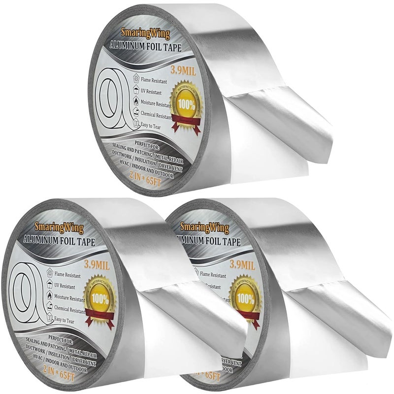 SmaringWing 3PCS Aluminum Foil Duct Tapes Heavy Duty, Silver Metal Tape, Preminum Insulation Adhesive HVAC Tape (3.9mil,2"x65FT) High Temperature for Ductwork, Dryer Vent, Furnace, Patching Hot & Cold Air Ducts - Image 1
